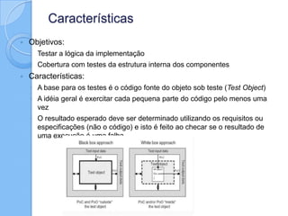 Características
 Objetivos:
◦ Testar a lógica da implementação
◦ Cobertura com testes da estrutura interna dos componentes
 Características:
◦ A base para os testes é o código fonte do objeto sob teste (Test Object)
◦ A idéia geral é exercitar cada pequena parte do código pelo menos uma
vez
◦ O resultado esperado deve ser determinado utilizando os requisitos ou
especificações (não o código) e isto é feito ao checar se o resultado de
uma execução é uma falha
 