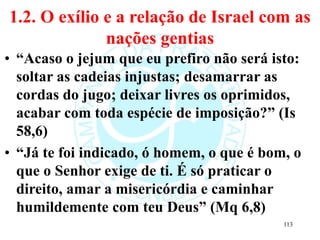 1.2. O exílio e a relação de Israel com as
nações gentias
• “Acaso o jejum que eu prefiro não será isto:
soltar as cadeias injustas; desamarrar as
cordas do jugo; deixar livres os oprimidos,
acabar com toda espécie de imposição?” (Is
58,6)
• “Já te foi indicado, ó homem, o que é bom, o
que o Senhor exige de ti. É só praticar o
direito, amar a misericórdia e caminhar
humildemente com teu Deus” (Mq 6,8)
113
 