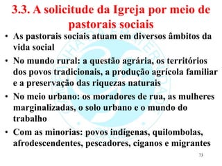 3.3. A solicitude da Igreja por meio de
pastorais sociais
• As pastorais sociais atuam em diversos âmbitos da
vida social
• No mundo rural: a questão agrária, os territórios
dos povos tradicionais, a produção agrícola familiar
e a preservação das riquezas naturais
• No meio urbano: os moradores de rua, as mulheres
marginalizadas, o solo urbano e o mundo do
trabalho
• Com as minorias: povos indígenas, quilombolas,
afrodescendentes, pescadores, ciganos e migrantes
73
 