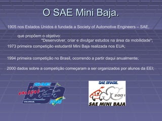 O SAE Mini Baja.
1905 nos Estados Unidos é fundada a Society of Automotive Engineers – SAE,

     que propõem o objetivo:
                 "Desenvolver, criar e divulgar estudos na área da mobilidade“;
1973 primeira competição estudantil Mini Baja realizada nos EUA;

1994 primeira competição no Brasil, ocorrendo a partir daqui anualmente;

2000 dados sobre a competição começaram a ser organizados por alunos da EEI;
 