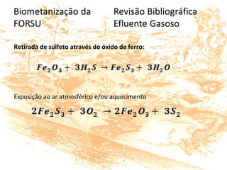 Retirada de sulfeto através do óxido de ferro:
Exposição ao ar atmosférico e/ou aquecimento
 