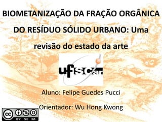 BIOMETANIZAÇÃO DA FRAÇÃO ORGÂNICA
DO RESÍDUO SÓLIDO URBANO: Uma
revisão do estado da arte
Aluno: Felipe Guedes Pucci
Orientador: Wu Hong Kwong
 