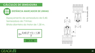 31
CÁLCULOS DE SEMEADURA
EM CINCO PASSOS
DISTÂNCIA MARCADOR DE LINHAS
Eixo motor
Eixo movido
Espaçamento de semeadura de 0,45;
D=
0,45 (7 +1) – 1,30
2
Fonte: acervo pessoal, 2023.
Semeadora de 7 linhas;
Bitola dianteira do trator de 1,30 m.
D= 1,15
Fonte:
Barcellos,
2023.
 