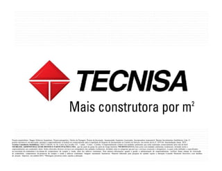 Projeto arquitetônico: Baggio Schiavon Arquitetura. Projeto paisagístico: Núcleo de Paisagem. Projeto de decoração: Anastassiadis Arquitetos Associados. Incorporadora responsável: Barinas Investimentos Imobiliários Ltda. O
projeto encontra-se em aprovação, portanto o empreendimento só poderá ser comercializado após a expedição do Registro de Incorporação no Cartório de Imóveis, nos termos da lei nº- 4591/64. Intermediação futura: TCI –
Tecnisa Consultoria Imobiliária, CRECI J-04549: Al. Dr. Carlos de Carvalho 555 , 7 andar – Centro – Curitiba. O empreendimento contará com unidades autônomas que serão exploradas comercialmente pela rede de hotel
NH BRASIL ADMINISTRAÇÃO DE HOTÉIS E PARTICIPAÇÕES LTDA , que faz parte do grupo faz parte do Grupo hoteleiro NH HOTELES S/A, bem como com unidades autônomas residenciais, tornando assim o
empreendimento um condomínio misto. Serão oferecidos diversos serviços aos compradores das unidades residenciais, divididos entre as categorias pay-per-use e serviços essenciais e obrigatórios, os quais estão definidos e especificados
na convenção de condomínio e na minuta de compromisso de compra e venda, além dos aditivos contratuais. Para maiores informações quanto a gestão e administração do empreendimento, verificar futura minuta de convenção
de condomínio, compromisso de promessa de compra e venda e aditivos contratuais. Imagens meramente ilustrativas. Material elaborado para pesquisa de opinião sujeito a alteração. Consulte Memorial Descritivo com detalhes
do projeto. Impresso em outubro/2012. *Metragens privativas totais, sujeitas a alteração.
 