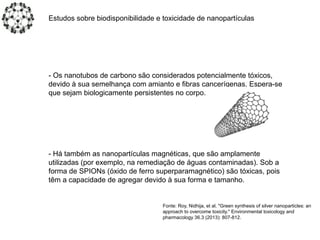 Estudos sobre biodisponibilidade e toxicidade de nanopartículas
- Os nanotubos de carbono são considerados potencialmente tóxicos,
devido à sua semelhança com amianto e fibras cancerígenas. Espera-se
que sejam biologicamente persistentes no corpo.
- Há também as nanopartículas magnéticas, que são amplamente
utilizadas (por exemplo, na remediação de águas contaminadas). Sob a
forma de SPIONs (óxido de ferro superparamagnético) são tóxicas, pois
têm a capacidade de agregar devido à sua forma e tamanho.
Fonte: Roy, Nidhija, et al. "Green synthesis of silver nanoparticles: an
approach to overcome toxicity." Environmental toxicology and
pharmacology 36.3 (2013): 807-812.
 