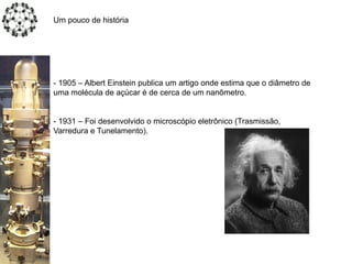 Um pouco de história
- 1905 – Albert Einstein publica um artigo onde estima que o diâmetro de
uma molécula de açúcar é de cerca de um nanômetro.
- 1931 – Foi desenvolvido o microscópio eletrônico (Trasmissão,
Varredura e Tunelamento).
 