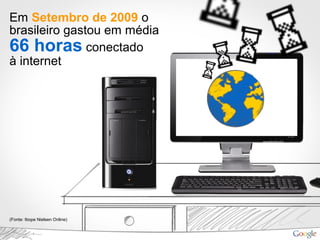 Em Setembro de 2009 o
brasileiro gastou em média
66 horas conectado
à internet
(Fonte: Ibope Nielsen Online)
 