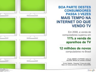 BOA PARTE DESTES
CONSUMIDORES
PASSA 3 VEZES
MAIS TEMPO NA
INTERNET DO QUE
VENDO TV
Em 2008, a venda de
computadores superou em
11% a venda de
aparelhos de TV
12 milhões de novos
computadores no Brasil
(Fonte: Deloitte – Pesquisa “O futura da mídia”.
Base: em horas semanais. Período: set/out/2008)
(Fonte: ABINEE e SUFRAMA: dados de
dez/2008. Milhões de unidades vendidas)
 