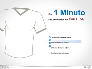 Em 1 Minuto
são colocados no YouTube:
30 minutos novos de vídeos
01 hora de novos vídeos
24 horas de novos vídeos
Nenhuma das anteriores
A
B
C
D
 