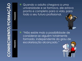 Quando o adulto chegava a uma universidade e se formava, ele estava pronto e completo para a vida, para todo o seu futuro profissional. “ Não existe mais a possibilidade de considerar-se alguém totalmente formado, independente do grau de escolarização alcançado.” 