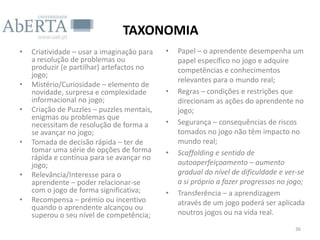 TAXONOMIA
•   Criatividade – usar a imaginação para   •   Papel – o aprendente desempenha um
    a resolução de problemas ou                 papel específico no jogo e adquire
    produzir (e partilhar) artefactos no        competências e conhecimentos
    jogo;
                                                relevantes para o mundo real;
•   Mistério/Curiosidade – elemento de
    novidade, surpresa e complexidade       •   Regras – condições e restrições que
    informacional no jogo;                      direcionam as ações do aprendente no
•   Criação de Puzzles – puzzles mentais,       jogo;
    enigmas ou problemas que
    necessitam de resolução de forma a      •   Segurança – consequências de riscos
    se avançar no jogo;                         tomados no jogo não têm impacto no
•   Tomada de decisão rápida – ter de           mundo real;
    tomar uma série de opções de forma      •   Scaffolding e sentido de
    rápida e contínua para se avançar no
    jogo;                                       autoaperfeiçoamento – aumento
•   Relevância/Interesse para o                 gradual do nível de dificuldade e ver-se
    aprendente – poder relacionar-se            a si próprio a fazer progressos no jogo;
    com o jogo de forma significativa;      •   Transferência – a aprendizagem
•   Recompensa – prémio ou incentivo            através de um jogo poderá ser aplicada
    quando o aprendente alcançou ou
    superou o seu nível de competência;         noutros jogos ou na vida real.
                                                                                     36
 