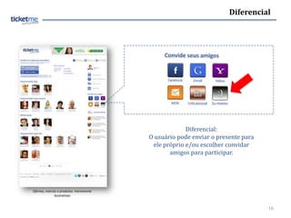 Diferencial




                                                    Diferencial:
                                       O usuário pode enviar o presente para
                                        ele próprio e/ou escolher convidar
                                              amigos para participar.




Ofertas, marcas e produtos meramente
              ilustrativas


                                                                               16
 
