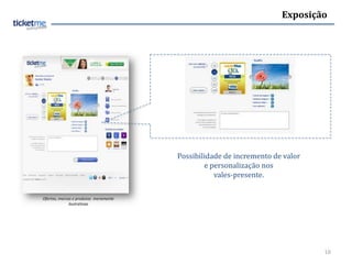 Exposição




                                       Possibilidade de incremento de valor
                                               e personalização nos
                                                  vales-presente.

Ofertas, marcas e produtos meramente
              ilustrativas




                                                                              18
 