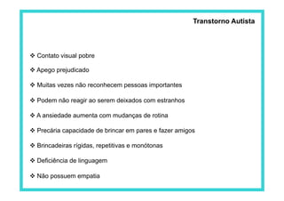  Contato visual pobre
 Apego prejudicado
 Muitas vezes não reconhecem pessoas importantes
 Podem não reagir ao serem deixados com estranhos
 A ansiedade aumenta com mudanças de rotina
 Precária capacidade de brincar em pares e fazer amigos
 Brincadeiras rígidas, repetitivas e monótonas
 Deficiência de linguagem
 Não possuem empatia
Transtorno Autista
 