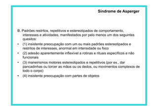 Síndrome de Asperger




B. Padrões restritos, repetitivos e estereotipados de comportamento,
   interesses e atividades, manifestados por pelo menos um dos seguintes
   quesitos:
•  (1) insistente preocupação com um ou mais padrões estereotipados e
   restritos de interesses, anormal em intensidade ou foco
•  (2) adesão aparentemente inflexível a rotinas e rituais específicos e não
   funcionais
•  (3) maneirismos motores estereotipados e repetitivos (por ex., dar
   pancadinhas ou torcer as mãos ou os dedos, ou movimentos complexos de
   todo o corpo)
•  (4) insistente preocupação com partes de objetos
 