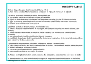 Transtorno Autista
Critério diagnóstico para distúrbio autista (DSM-IV, 1994)
A. Pelo menos seis dos 12 critérios abaixo, sendo dois de (1) e pelo menos um de (2) e (3)

1) Déficits qualitativos na interação social, manifestados por:
a. dificuldades marcadas no uso de comunicação não-verbal
b. falhas do desenvolvimento de relações interpessoais apropriadas no nível de desenvolvimento
c. falha em procurar, espontaneamente, compartir interesses ou atividades prazerosas com outros
d. falta de reciprocidade social ou emocional

2) Déficits qualitativos de comunicação, manifestados por:
a. falta ou atraso do desenvolvimento da linguagem, não compensada por outros meios (apontar, usar
mímica)
b. déficit marcado na habilidade de iniciar ou manter conversa ção em indivíduos com linguagem
adequada
c. uso estereotipado, repetitivo ou idiossincrático de linguagem
d. inabilidade de participar de brincadeiras de faz-de-conta ou imaginativas de forma variada e espontânea
para o seu nível de desenvolvimento

3) Padrões de comportamento, atividades e interesses restritos e estereotipados:
a. preocupação excessiva, em termos de intensidade ou de foco, com interesses restritos e estereotipados
b. aderência inflexível a rotinas ou rituais
c. maneirismos motores repetitivos e estereotipados
d. preocupação persistente com partes de objetos

B. Atrasos ou função anormal em pelo menos uma das áreas acima presente antes dos 3 anos de idade

C. Esse distúrbio não pode ser melhor explicado por um diagnóstico de síndrome de Rett ou transtorno
desintegrativo da infância
 