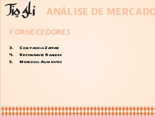 ANÁLISE DE MERCADO FORNECEDORES Companhia Zaffari Restaurante Baalbek Mercosul Alimentos 