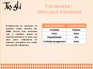 Fornecedor:  Mercosul Alimentos Distribuidora de alimentos de pequeno porte, fundada em 2006. Iniciou suas atividades com o comércio apenas de produtos derivados do leite, hoje atua como fornecedor de produtos importados dos países que compõe o Mercosul.   QUALIFICADORES CLASSIFICAÇÃO Variedade Mediana Preço Baixo Disponibilidade Alta Facilidade de pagamento Baixa 