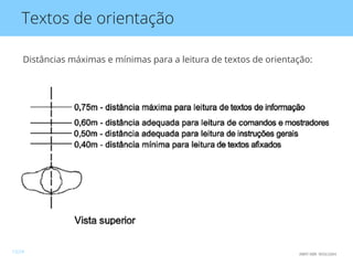 Textos de orientação
Distâncias máximas e mínimas para a leitura de textos de orientação:
ABNT NBR 9050:2004
13/24
 