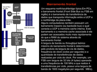 Barramento frontal Um esquema north/southbridge típico.Em PCs, o barramento frontal (Front Side Bus ou FSB em inglês) é o barramento de transferência de dados que transporta informação entre a UCP e o northbridge da placa-mãe. Alguns computadores também possuem um barramento traseiro (ou backside bus) o qual conecta a UCP à memória cache interna. Este barramento e a memória cache associada à ela podem ser acessados muito mais rapidamente do que a RAM do sistema através do barramento frontal. A largura de banda ou throughput teórico máximo do barramento frontal é determinado pelo produto da largura da via de dados, frequência de clock (ciclos por segundo) e a quantidade de transferências de dados realizadas por ciclo do clock. Por exemplo, um FSB com largura de 32 bits (4 bytes) operando a uma frequência de 100 MHz e que realize 4 transferências por ciclo, possui uma largura de banda de 1600 megabytes por segundo  ( MB/s). 