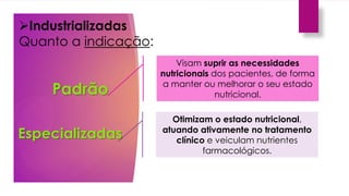 Industrializadas
Quanto a indicação:
Padrão
Visam suprir as necessidades
nutricionais dos pacientes, de forma
a manter ou melhorar o seu estado
nutricional.
Otimizam o estado nutricional,
atuando ativamente no tratamento
clínico e veiculam nutrientes
farmacológicos.
Especializadas
 