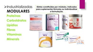 Industrializadas
MODULARES
Proteínas
Carboidratos
Lipídios
Fibras
Vitaminas
Minerais
Dietas constituídas por módulos, indicados
para suplementar fórmulas ou individualizar
a formulação.
 