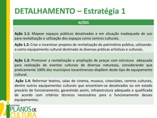 DETALHAMENTO – Estratégia 1
                                         AÇÕES

Ação 1.1: Mapear espaços públicos desativados e em situação inadequada de uso
para revitalização e utilização dos espaços como centros culturais.
Ação 1.2: Criar e incentivar projetos de revitalização do patrimônio público, utilizando-
o como equipamento cultural destinado às diversas práticas artísticas e culturais.

Ação 1.3: Promover a revitalização e ampliação de praças com estrutura adequada
para realização de eventos culturais de diversas naturezas, considerando que
praticamente 100% dos municípios tocantinenses dispõem deste tipo de equipamento
cultural.
Ação 1.4: Reformar teatros, salas de cinema, museus, cineclubes, centros culturais,
dentre outros equipamentos culturais que encontram-se desativados ou em estado
precário de funcionamento, garantindo assim, infraestrutura adequada e qualificada
de acordo com critérios técnicos necessários para o funcionamento desses
equipamentos;
 