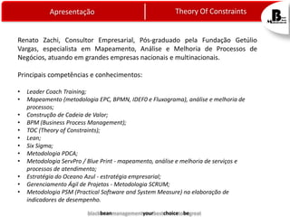Apresentação

Theory Of Constraints

Renato Zachi, Consultor Empresarial, Pós-graduado pela Fundação Getúlio
Vargas, especialista em Mapeamento, Análise e Melhoria de Processos de
Negócios, atuando em grandes empresas nacionais e multinacionais.
Principais competências e conhecimentos:
•
•
•
•
•
•
•
•
•
•
•
•

Leader Coach Training;
Mapeamento (metodologia EPC, BPMN, IDEF0 e Fluxograma), análise e melhoria de
processos;
Construção de Cadeia de Valor;
BPM (Business Process Management);
TOC (Theory of Constraints);
Lean;
Six Sigma;
Metodologia PDCA;
Metodologia ServPro / Blue Print - mapeamento, análise e melhoria de serviços e
processos de atendimento;
Estratégia do Oceano Azul - estratégia empresarial;
Gerenciamento Ágil de Projetos - Metodologia SCRUM;
Metodologia PSM (Practical Software and System Measure) na elaboração de
indicadores de desempenho.
blackbeanmanagementyourbestchoicetobegreat

 