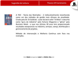 Sugestão de Leitura

Theory Of Constraints

A TOC - Teoria das Restrições - é indiscutivelmente reconhecida
como um dos métodos de gestão mais eficazes da atualidade.
Criada pelo Dr. Eli Goldratt - autor do best-seller “A Meta” e descrito
como “guru da indústria” pela Fortune Magazine e “gênio” pela
Business Week - e que nos últimos 30 anos tem proporcionado
resultados excepcionais na indústria, serviços, varejo, distribuição e
gerenciamento de projetos.
Método de Intervenção e Melhoria Contínua com foco nas
restrições.

blackbeanmanagementyourbestchoicetobegreat

 