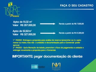 Prince
FAÇA O SEU CADASTRO
Apto de 51,32 m²
Renda a partir de R$ 7.600,00
Valor R$ 267.000,00
Apto de 62,82m²
Renda a partir de R$ 9.300,00
Valor R$ 327.000,00
1 ° PASSO- Entregue a proposta para analise de reserva (preencher se é o apto
menor ou maior, mas não a unidade) e documentação para o Comercial poder
aprovar
2° PASSO– Após liberação da tabela, preencher o fluxo de pagamento e unidade e
entregar novamente a proposta para o Comercial.
IMPORTANTE: pegar documentação do cliente
 
