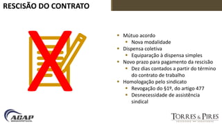 RESCISÃO DO CONTRATO
 Mútuo acordo
 Nova modalidade
 Dispensa coletiva
 Equiparação à dispensa simples
 Novo prazo para pagamento da rescisão
 Dez dias contados a partir do término
do contrato de trabalho
 Homologação pelo sindicato
 Revogação do §1º, do artigo 477
 Desnecessidade de assistência
sindical
 