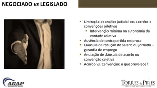 NEGOCIADO vs LEGISLADO
 Limitação da análise judicial dos acordos e
convenções coletivas
 Intervenção mínima na autonomia da
vontade coletiva
 Ausência de contrapartida reciproca
 Cláusula de redução do salário ou jornada –
garantia de emprego
 Anulação de cláusula de acordo ou
convenção coletiva
 Acordo vs. Convenção: o que prevalece?
 