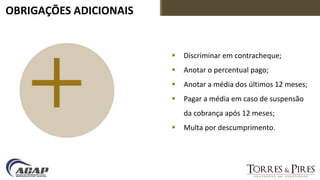 OBRIGAÇÕES ADICIONAIS
 Discriminar em contracheque;
 Anotar o percentual pago;
 Anotar a média dos últimos 12 meses;
 Pagar a média em caso de suspensão
da cobrança após 12 meses;
 Multa por descumprimento.
 