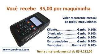 Você recebe 35,00 por maquininha
www.tpaybrasil.com
Tenha uma renda mensal de R$ 4.212,00
Valor recorrente mensal
de todas maquininhas
Cliente......................Ganha 0,10%
Divulgador................Ganha 0,10%
Consultor ................Ganha 0,20%
Empreendedor .........Ganha 0,30%
Franquias ...........Ganha até 0,70%
 