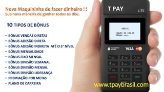 Nova Maquininha de fazer dinheiro ! !
Sua nova maneira de ganhar todos os dias.
• BÔNUS VENDAS DIRETAS
• BÔNUS ADESÃO DIRETA
• BÔNUS ADESÃO INDIRETA ATÉ O 5° NÍVEL
• BÔNUS MENSALIDADE
• BÔNUS FIXO MENSAL
• BÔNUS DIVISÃO SEMANAL
• BÔNUS DIVISÃO MENSAL
• BÔNUS DIVISÃO LIDERANÇA
• PREMIAÇÃO POR METAS
• PLANO DE CARREIRA
www.tpaybrasil.com
10 TIPOS DE BÔNUS
 