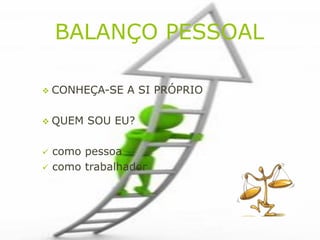 BALANÇO PESSOAL

 CONHEÇA-SE    A SI PRÓPRIO

 QUEM   SOU EU?

   como pessoa
   como trabalhador
 