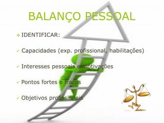 BALANÇO PESSOAL
 IDENTIFICAR:


   Capacidades (exp. profissional, habilitações)

   Interesses pessoais e motivações

   Pontos fortes e fracos

   Objetivos profissionais
 
