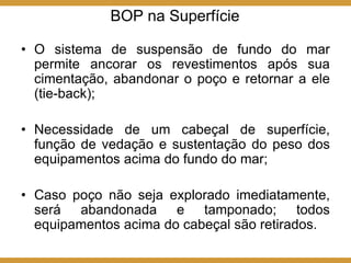 BOP na Superfície
• O sistema de suspensão de fundo do mar
permite ancorar os revestimentos após sua
cimentação, abandonar o poço e retornar a ele
(tie-back);
• Necessidade de um cabeçal de superfície,
função de vedação e sustentação do peso dos
equipamentos acima do fundo do mar;
• Caso poço não seja explorado imediatamente,
será abandonada e tamponado; todos
equipamentos acima do cabeçal são retirados.
 