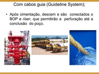 Com cabos guia (Guideline System);
• Após cimentação, descem e são conectados o
BOP e riser, que permitirão a perfuração até a
conclusão do poço.
 