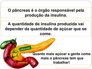 pâncreas
pâncreas
intestinointestino
vesícula
vesícula
O pâncreas é o órgão responsável pela
produção da insulina.
Quanto mais açúcar a gente come
mais o pâncreas tem que
trabalhar!
A quantidade de insulina produzida vai
depender da quantidade de açúcar que se
come.
 
