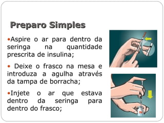 •Aspire o ar para dentro da
seringa na quantidade
prescrita de insulina;
• Deixe o frasco na mesa e
introduza a agulha através
da tampa de borracha;
•Injete o ar que estava
dentro da seringa para
dentro do frasco;
Preparo SimplesPreparo Simples
 