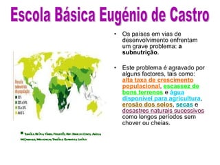 Os países em vias de desenvolvimento enfrentam um grave problema:  a subnutrição .  Este problema é agravado por alguns factores, tais como:  alta taxa de crescimento populacional ,  escassez de bons terrenos  e  água disponível para agricultura ,  erosão dos solos ,  secas  e  desastres naturais sucessivos  como longos períodos sem chover ou cheias.  Escola Básica Eugénio de Castro ￭ Sumália, Etiópia, Iémen, Paquistão, Rep. Demc.do Congo, Angola, Moçambique, Madagascar, Tanzânia, Guatemala, Libéria. 