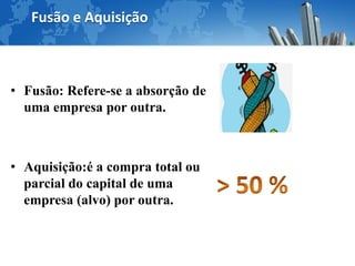 Fusão e Aquisição



• Fusão: Refere-se a absorção de
  uma empresa por outra.



• Aquisição:é a compra total ou
  parcial do capital de uma
  empresa (alvo) por outra.
 