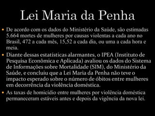  De acordo com os dados do Ministério da Saúde, são estimadas 
5.664 mortes de mulheres por causas violentas a cada ano no 
Brasil, 472 a cada mês, 15,52 a cada dia, ou uma a cada hora e 
meia. 
 Diante dessas estatísticas alarmantes, o IPEA (Instituto de 
Pesquisa Econômica e Aplicada) avaliou os dados do Sistema 
de Informações sobre Mortalidade (SIM), do Ministério da 
Saúde, e concluiu que a Lei Maria da Penha não teve o 
impacto esperado sobre o número de óbitos entre mulheres 
em decorrência da violência doméstica. 
 As taxas de homicídio entre mulheres por violência doméstica 
permaneceram estáveis antes e depois da vigência da nova lei. 
 