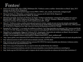  Garcia LP, Freitas LRS, Silva GDM, Höfelmann DA. Violência contra a mulher: feminicídios no Brasil. Ipea; 2013 
[acesso em 04 abr 2014]. Disponível 
em:http://www.ipea.gov.br/portal/images/stories/PDFs/130925_sum_estudo_feminicidio_leilagarcia.pdf 
 Maria da Penha. In: Wikipédia: a enciclopédia livre. [acesso em 04 abril 2014]. Disponível 
em: http://pt.wikipedia.org/wiki/Lei_Maria_da_Penha 
 Ministério da Saúde, Secretaria de Políticas de Saúde. Violência intrafamiliar: orientações para prática em serviço. 
Brasília (DF); 2001. (Série Cadernos de Atenção Básica; n. 8) – (Série A. Normas e Manuais Técnicos; n. 131). 
Disponível em:http://bvsms.saude.gov.br/bvs/publicacoes/cd05_19.pdf 
 Mota JC. Violência contra a mulher praticada pelo parceiro íntimo: estudo em um serviço de atenção especializado 
[dissertação de mestrado]. Rio de Janeiro: Escola Nacional de Saúde Pública da Fundação Oswaldo Cruz; 2004 [acesso 
em 18 jul 2013]. Disponível em: http://arca.icict.fiocruz.br/bitstream/icict/4914/2/726.pdf 
 Pasinato W. “Femicídios” e as mortes de mulheres no Brasil. Cad. Pagu [periódico na internet]. 2011 [acesso em 04 abr 
2014];37:219-246. Disponível em:http://www.scielo.br/scielo.php?pid=S0104-83332011000200008&script=sci_arttext 
 Waiselfisz JJ, coordenador. Mapa da Violência 2012. Atualização: Homicídio de mulheres no Brasil. Rio de Janeiro: 
CEBELA/FLACSO Brasil; 2012 [acesso em 04 abr 2014]. Disponível 
em:http://www.mapadaviolencia.org.br/pdf2012/MapaViolencia2012_atual_mulheres.pdf 
 http://epoca.globo.com/vida/noticia/2013/09/bviolencia-contra-mulherb-volta-patamar-anterior-lei-maria-da-penha.html 
 http://planetasustentavel.abril.com.br/noticia/atitude/conteudo_425784.shtml 
 http://noticias.uol.com.br/cotidiano/ultimas-noticias/2013/09/25/lei-maria-da-penha-nao-diminuiu-violencia-contra-mulher- 
no-brasil-diz-ipea.htm#fotoNav=55 
 http://www.cnj.jus.br/programas-de-a-a-z/pj-lei-maria-da-penha/formas-de-violencia 
 http://www.osconstitucionalistas.com.br/a-lei-maria-da-penha-e-seus-desafios-juridicos-e-sociologicos 
 http://dssbr.org/site/2014/04/serie-qual-o-impacto-da-lei-maria-da-penha-na-reducao-de-homicidios-femininos-2/ 
