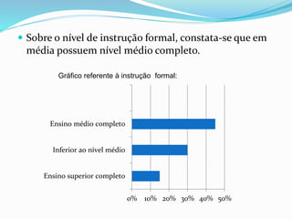  Sobre o nível de instrução formal, constata-se que em 
média possuem nível médio completo. 
Gráfico referente à instrução formal: 
0% 10% 20% 30% 40% 50% 
Ensino médio completo 
Inferior ao nível médio 
Ensino superior completo 
 