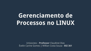 Gerenciamento de
Processos no LINUX

Unisociesc - Professor Claudinei Dias
Évelin Carine Gomes | Willian Costa Souza - BSI 361

 