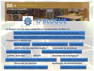 O Blogue concilia duas caraterísticas fundamentais da Web 2.0:
        Permite uma participação democrática gratuita e de livre acesso.
        Aproveita a criatividade e a inteligência coletiva dos seus utilizadores.
 Principais caraterísticas:
        fácil de utilizar     permite interação leitor/utilizador   económico
        partilha de notícias/informações           promoção de atividades
 publicação cronológica                 diversidade de apresentações gráficas
 partilha de fontes           debates            atividades de investigação
 facilita o estabelecimento de redes colaborativas         velocidade de atualização
        discussão de opiniões                    atualização de conhecimentos
organização da informação por categorias                   partilha de experiências
 
