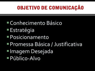 Conhecimento Básico Estratégia Posicionamento Promessa Básica / Justificativa Imagem Desejada Público-Alvo 