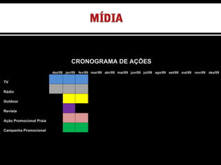 CRONOGRAMA DE AÇÕES   dez/08 jan/09 fev/09 mar/09 abr/09 mai/09 jun/09 jul/09 ago/09 set/09 out/09 nov/09 dez/09 TV                           Rádio                           Outdoor                           Revista                           Ação Promocional Praia                           Campanha Promocional                           